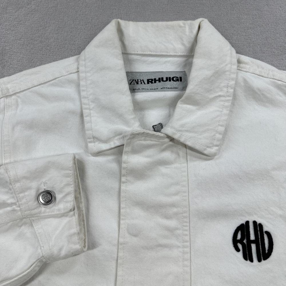 Zara Rhuigi Denim Jacket Men L-XL White RHU Graphic Streetwear Bomber Zip Snap